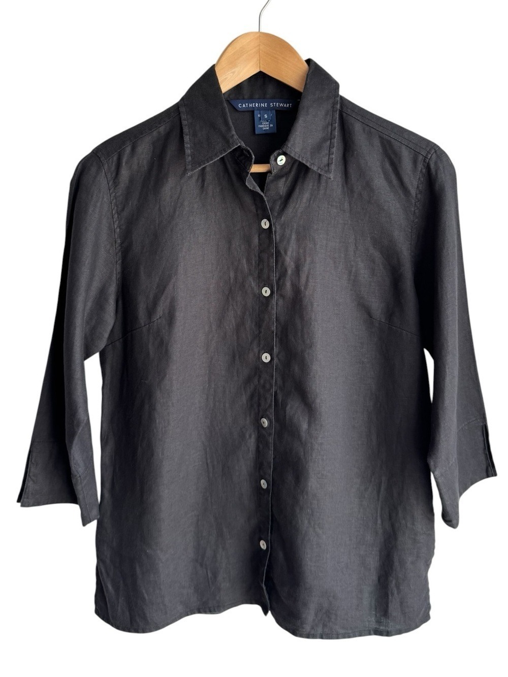 Catherine Stewart 100% Linen Button Down Shirt Womens S Black 3/4 Sleeve Shirt